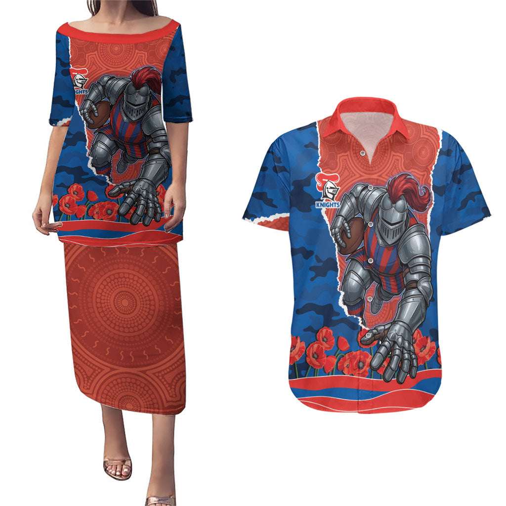 Personalized Newcastle Knights ANZAC Tribute Couples Matching Puletasi and Hawaiian Shirt Poppy Field Soldier Silhouette Aboriginal Rugby Mascot