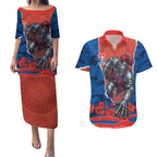 Personalized Newcastle Knights ANZAC Tribute Couples Matching Puletasi and Hawaiian Shirt Poppy Field Soldier Silhouette Aboriginal Rugby Mascot