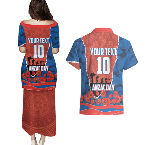 Personalized Newcastle Knights ANZAC Tribute Couples Matching Puletasi and Hawaiian Shirt Poppy Field Soldier Silhouette Aboriginal Rugby Mascot