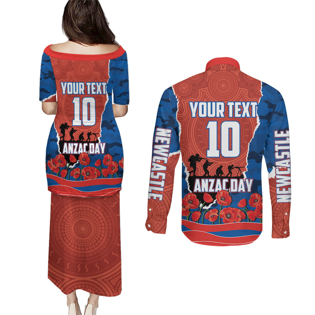 Personalized Newcastle Knights ANZAC Tribute Couples Matching Puletasi and Long Sleeve Button Shirt Poppy Field Soldier Silhouette Aboriginal Rugby Mascot