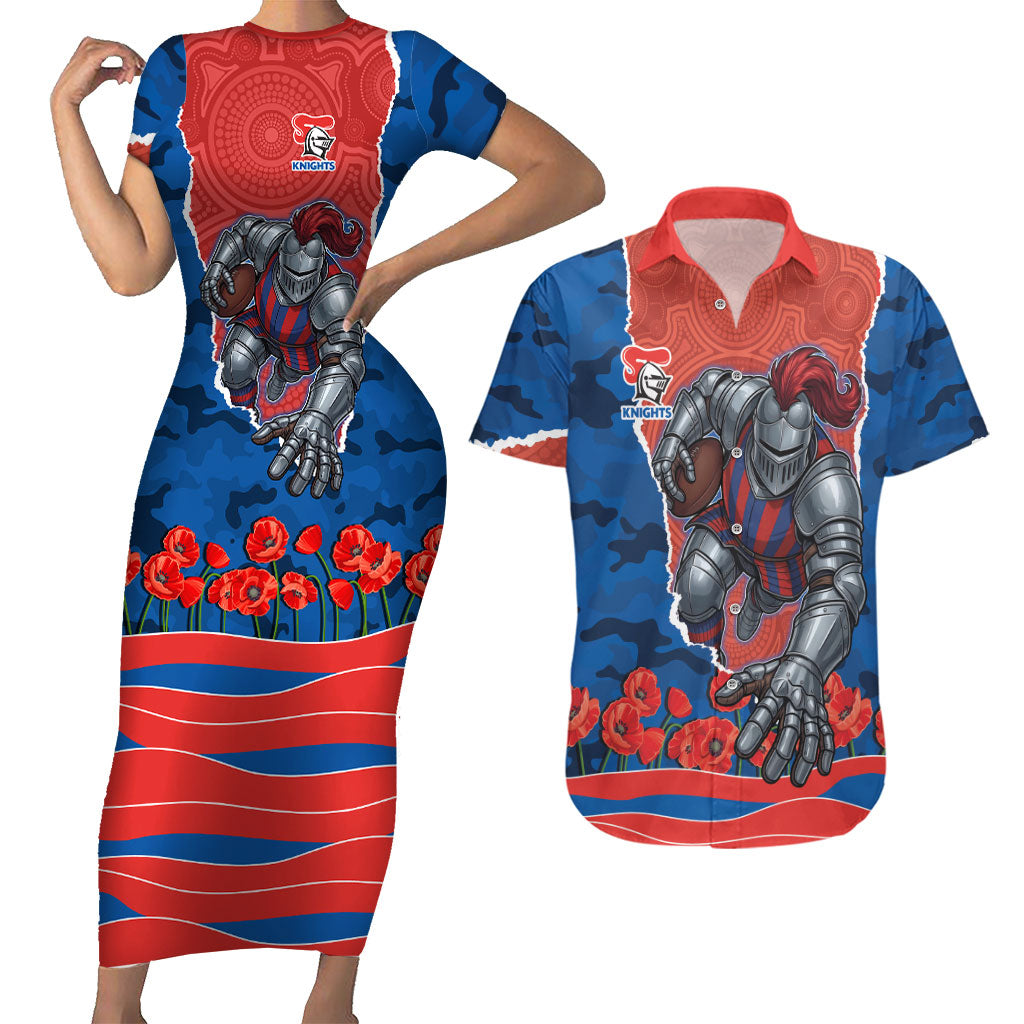 Personalized Newcastle Knights ANZAC Tribute Couples Matching Short Sleeve Bodycon Dress and Hawaiian Shirt Poppy Field Soldier Silhouette Aboriginal Rugby Mascot
