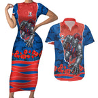 Personalized Newcastle Knights ANZAC Tribute Couples Matching Short Sleeve Bodycon Dress and Hawaiian Shirt Poppy Field Soldier Silhouette Aboriginal Rugby Mascot