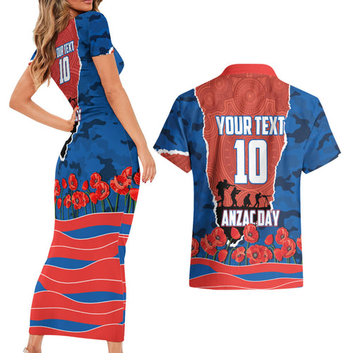 Personalized Newcastle Knights ANZAC Tribute Couples Matching Short Sleeve Bodycon Dress and Hawaiian Shirt Poppy Field Soldier Silhouette Aboriginal Rugby Mascot