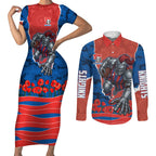 Personalized Newcastle Knights ANZAC Tribute Couples Matching Short Sleeve Bodycon Dress and Long Sleeve Button Shirt Poppy Field Soldier Silhouette Aboriginal Rugby Mascot
