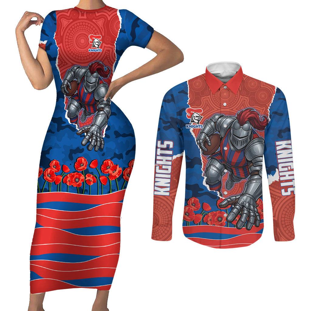 Personalized Newcastle Knights ANZAC Tribute Couples Matching Short Sleeve Bodycon Dress and Long Sleeve Button Shirt Poppy Field Soldier Silhouette Aboriginal Rugby Mascot