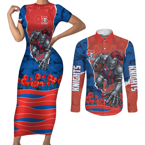 Personalized Newcastle Knights ANZAC Tribute Couples Matching Short Sleeve Bodycon Dress and Long Sleeve Button Shirt Poppy Field Soldier Silhouette Aboriginal Rugby Mascot