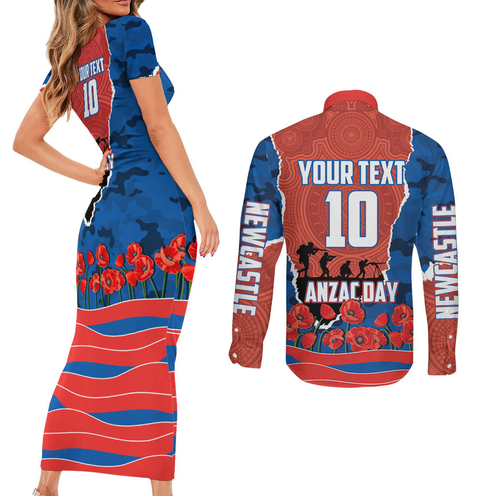 Personalized Newcastle Knights ANZAC Tribute Couples Matching Short Sleeve Bodycon Dress and Long Sleeve Button Shirt Poppy Field Soldier Silhouette Aboriginal Rugby Mascot