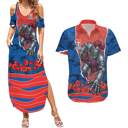 Personalized Newcastle Knights ANZAC Tribute Couples Matching Summer Maxi Dress and Hawaiian Shirt Poppy Field Soldier Silhouette Aboriginal Rugby Mascot
