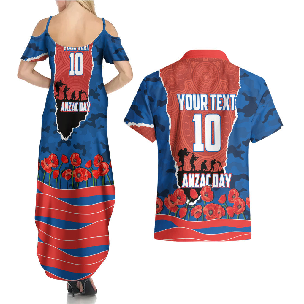 Personalized Newcastle Knights ANZAC Tribute Couples Matching Summer Maxi Dress and Hawaiian Shirt Poppy Field Soldier Silhouette Aboriginal Rugby Mascot