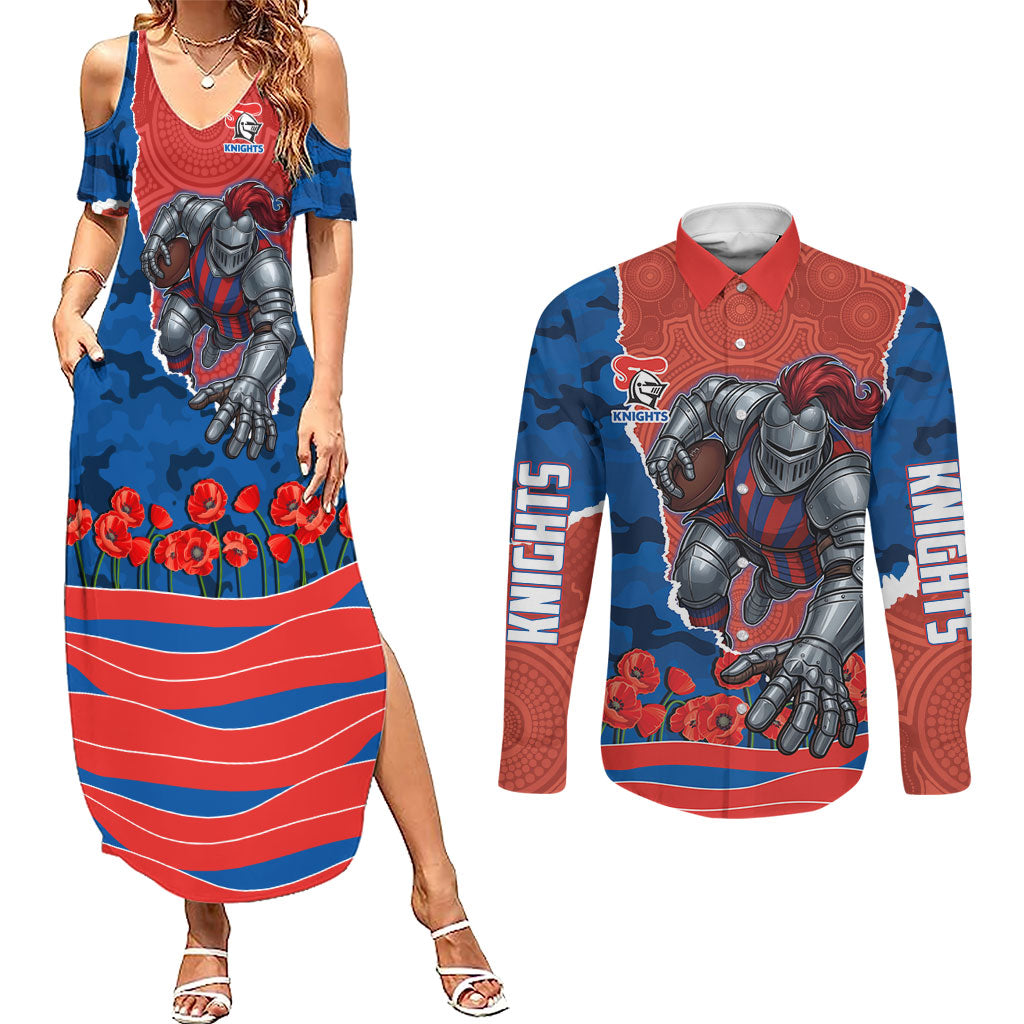Personalized Newcastle Knights ANZAC Tribute Couples Matching Summer Maxi Dress and Long Sleeve Button Shirt Poppy Field Soldier Silhouette Aboriginal Rugby Mascot