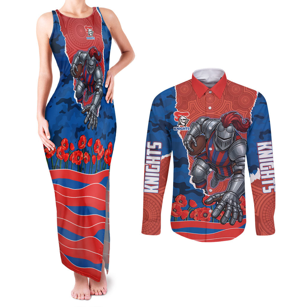 Personalized Newcastle Knights ANZAC Tribute Couples Matching Tank Maxi Dress and Long Sleeve Button Shirt Poppy Field Soldier Silhouette Aboriginal Rugby Mascot