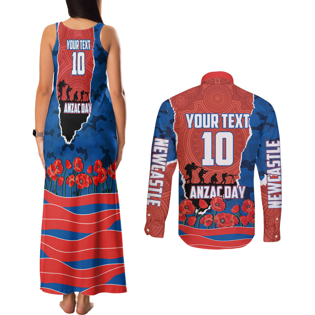 Personalized Newcastle Knights ANZAC Tribute Couples Matching Tank Maxi Dress and Long Sleeve Button Shirt Poppy Field Soldier Silhouette Aboriginal Rugby Mascot