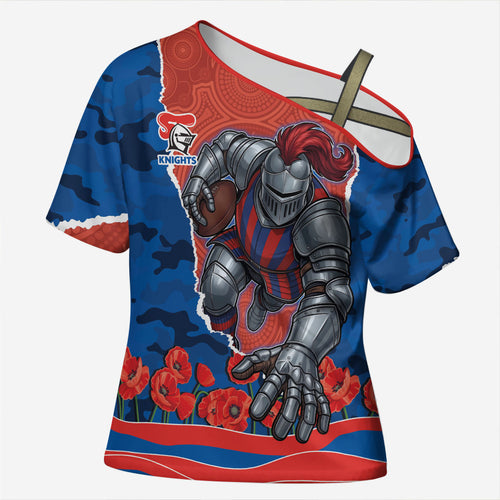 Personalized Newcastle Knights ANZAC Tribute Cross Shoulder Shirt Poppy Field Soldier Silhouette Aboriginal Rugby Mascot