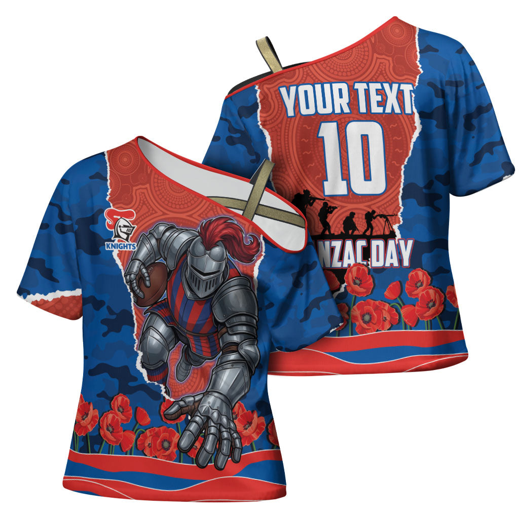 Personalized Newcastle Knights ANZAC Tribute Cross Shoulder Shirt Poppy Field Soldier Silhouette Aboriginal Rugby Mascot