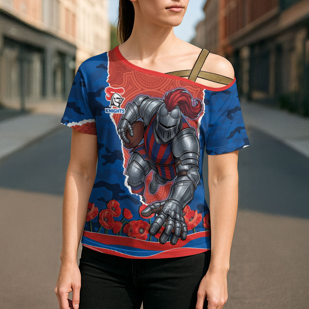 Personalized Newcastle Knights ANZAC Tribute Cross Shoulder Shirt Poppy Field Soldier Silhouette Aboriginal Rugby Mascot