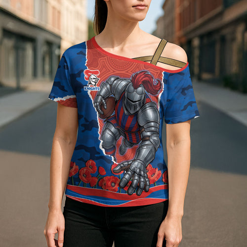 Personalized Newcastle Knights ANZAC Tribute Cross Shoulder Shirt Poppy Field Soldier Silhouette Aboriginal Rugby Mascot