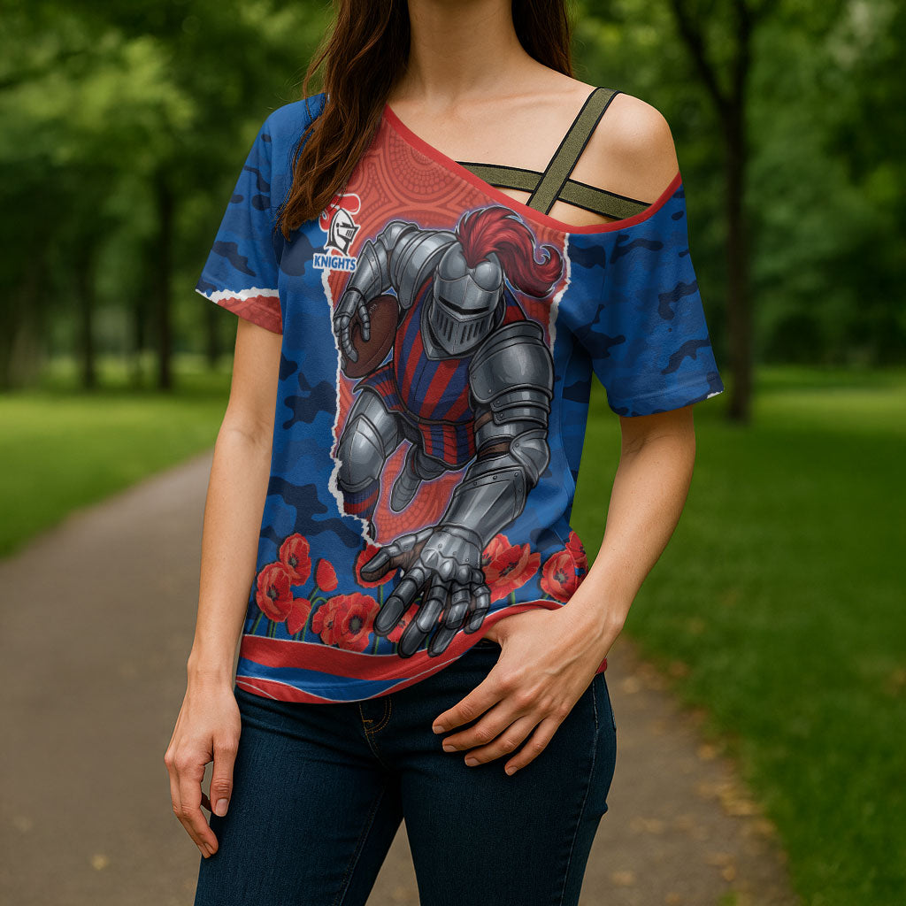 Personalized Newcastle Knights ANZAC Tribute Cross Shoulder Shirt Poppy Field Soldier Silhouette Aboriginal Rugby Mascot