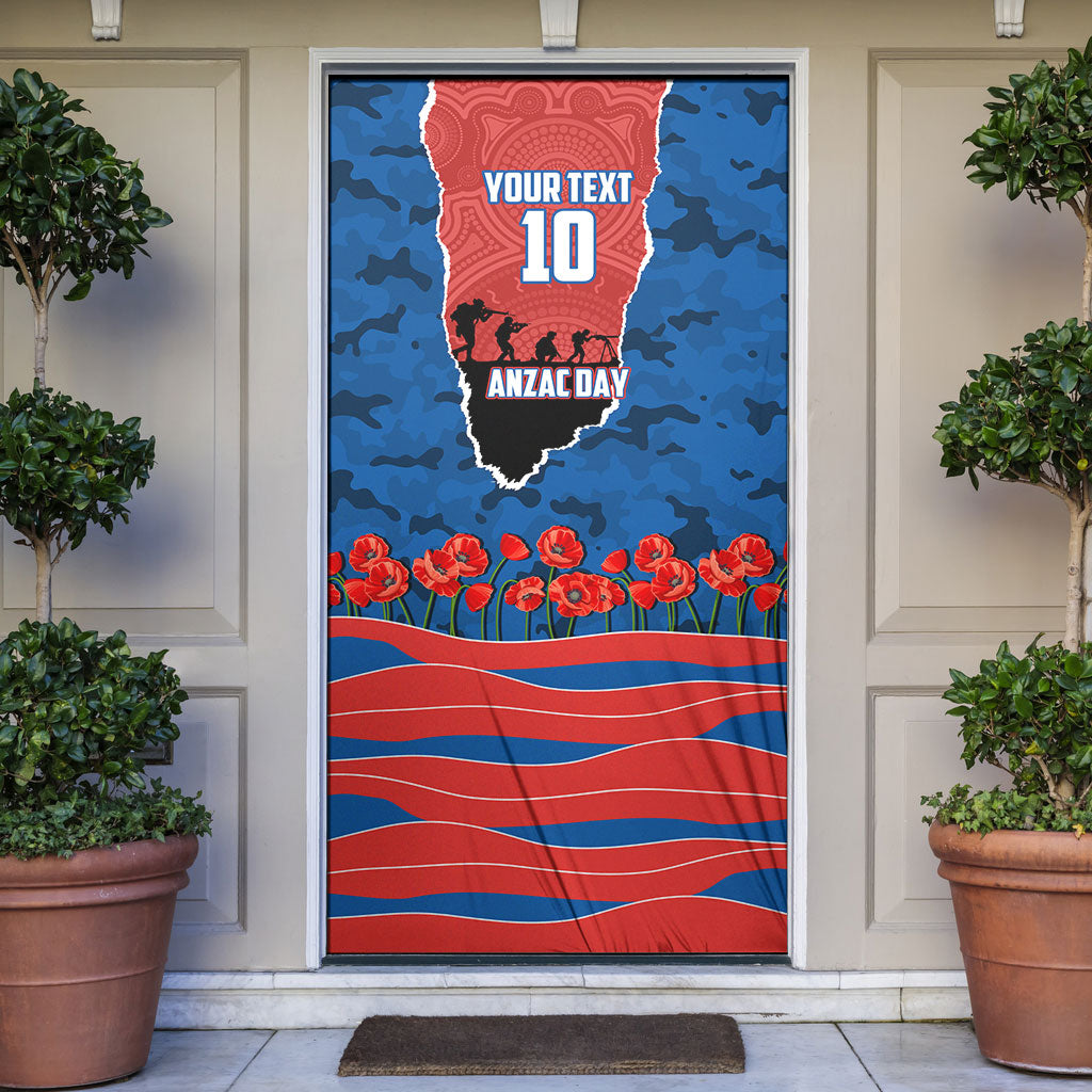 Personalized Newcastle Knights ANZAC Tribute Door Cover Poppy Field Soldier Silhouette Aboriginal Rugby Mascot