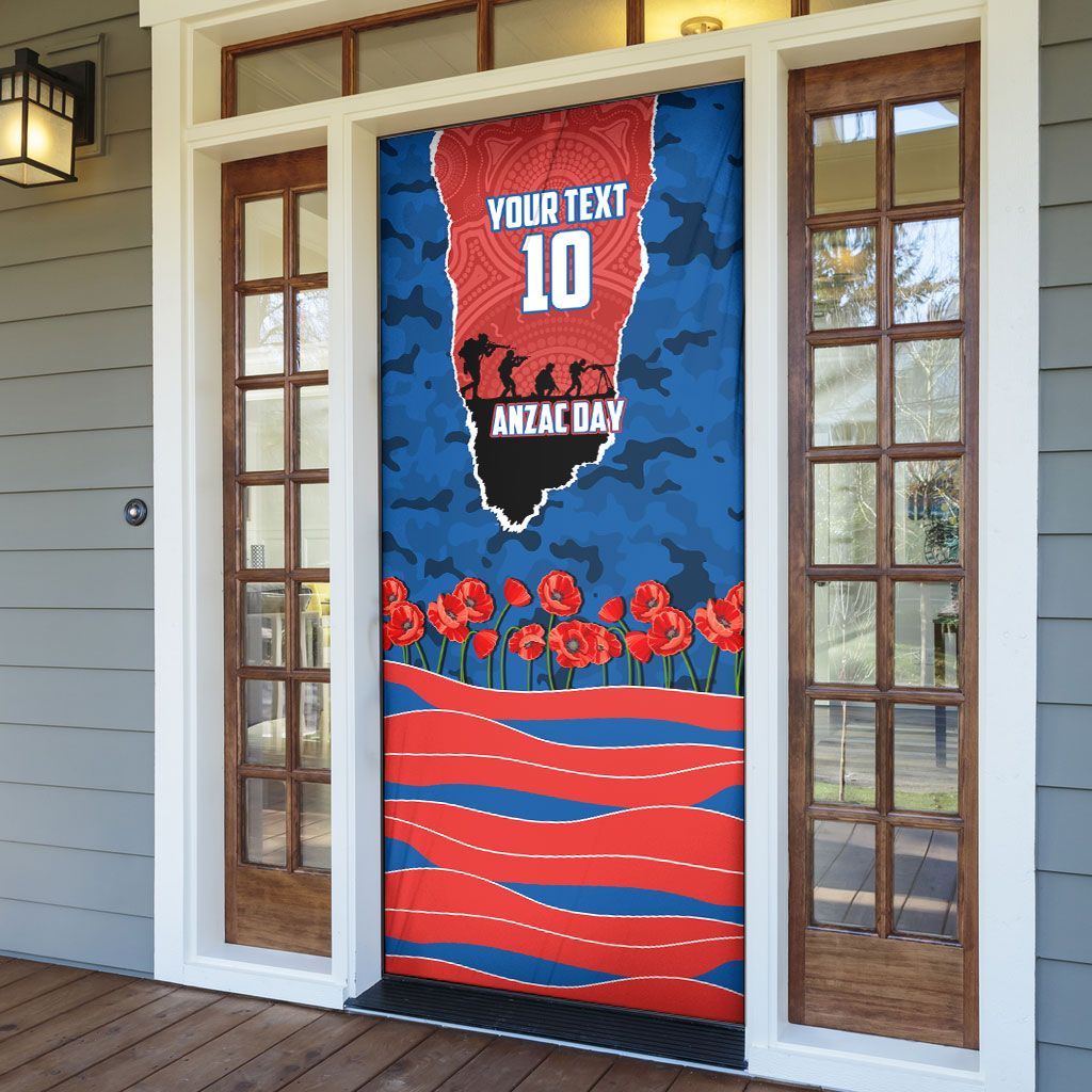 Personalized Newcastle Knights ANZAC Tribute Door Cover Poppy Field Soldier Silhouette Aboriginal Rugby Mascot