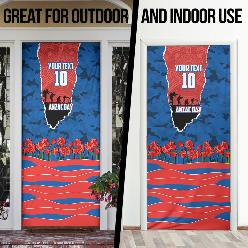 Personalized Newcastle Knights ANZAC Tribute Door Cover Poppy Field Soldier Silhouette Aboriginal Rugby Mascot