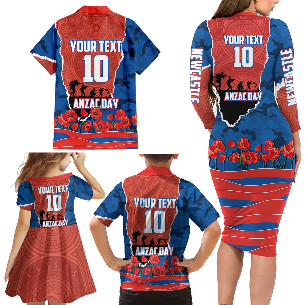 Personalized Newcastle Knights ANZAC Tribute Family Matching Long Sleeve Bodycon Dress and Hawaiian Shirt Poppy Field Soldier Silhouette Aboriginal Rugby Mascot