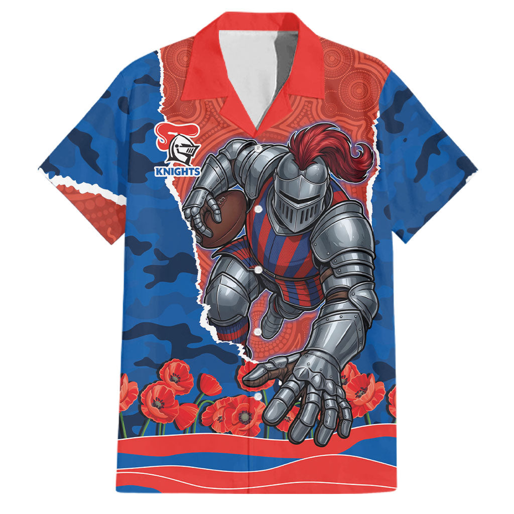Personalized Newcastle Knights ANZAC Tribute Family Matching Long Sleeve Bodycon Dress and Hawaiian Shirt Poppy Field Soldier Silhouette Aboriginal Rugby Mascot