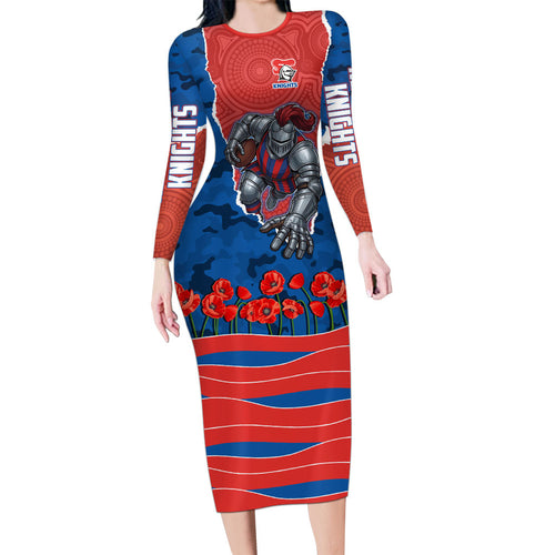 Personalized Newcastle Knights ANZAC Tribute Family Matching Long Sleeve Bodycon Dress and Hawaiian Shirt Poppy Field Soldier Silhouette Aboriginal Rugby Mascot
