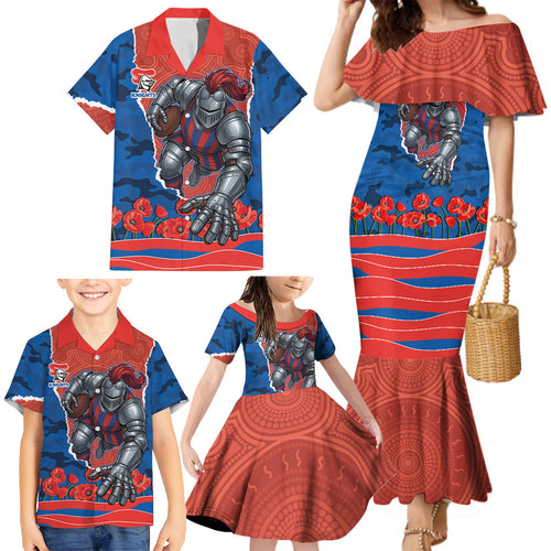 Personalized Newcastle Knights ANZAC Tribute Family Matching Mermaid Dress and Hawaiian Shirt Poppy Field Soldier Silhouette Aboriginal Rugby Mascot