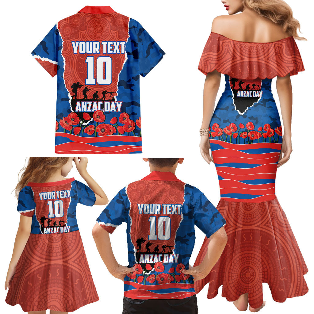 Personalized Newcastle Knights ANZAC Tribute Family Matching Mermaid Dress and Hawaiian Shirt Poppy Field Soldier Silhouette Aboriginal Rugby Mascot