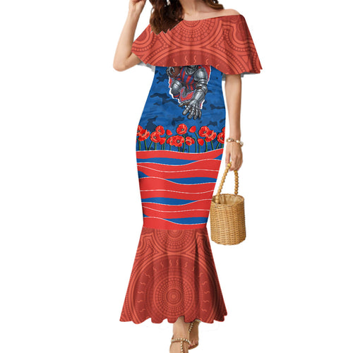Personalized Newcastle Knights ANZAC Tribute Family Matching Mermaid Dress and Hawaiian Shirt Poppy Field Soldier Silhouette Aboriginal Rugby Mascot