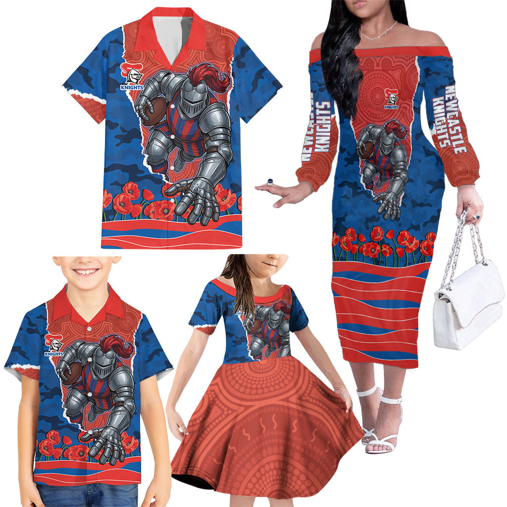 Personalized Newcastle Knights ANZAC Tribute Family Matching Off The Shoulder Long Sleeve Dress and Hawaiian Shirt Poppy Field Soldier Silhouette Aboriginal Rugby Mascot