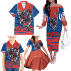 Personalized Newcastle Knights ANZAC Tribute Family Matching Off The Shoulder Long Sleeve Dress and Hawaiian Shirt Poppy Field Soldier Silhouette Aboriginal Rugby Mascot