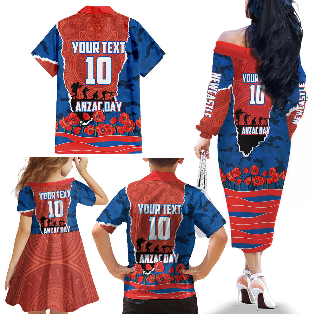 Personalized Newcastle Knights ANZAC Tribute Family Matching Off The Shoulder Long Sleeve Dress and Hawaiian Shirt Poppy Field Soldier Silhouette Aboriginal Rugby Mascot