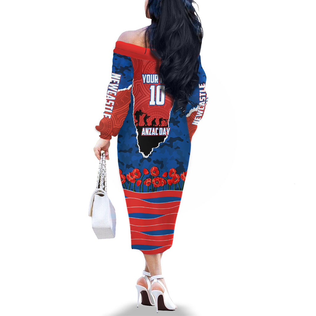 Personalized Newcastle Knights ANZAC Tribute Family Matching Off The Shoulder Long Sleeve Dress and Hawaiian Shirt Poppy Field Soldier Silhouette Aboriginal Rugby Mascot
