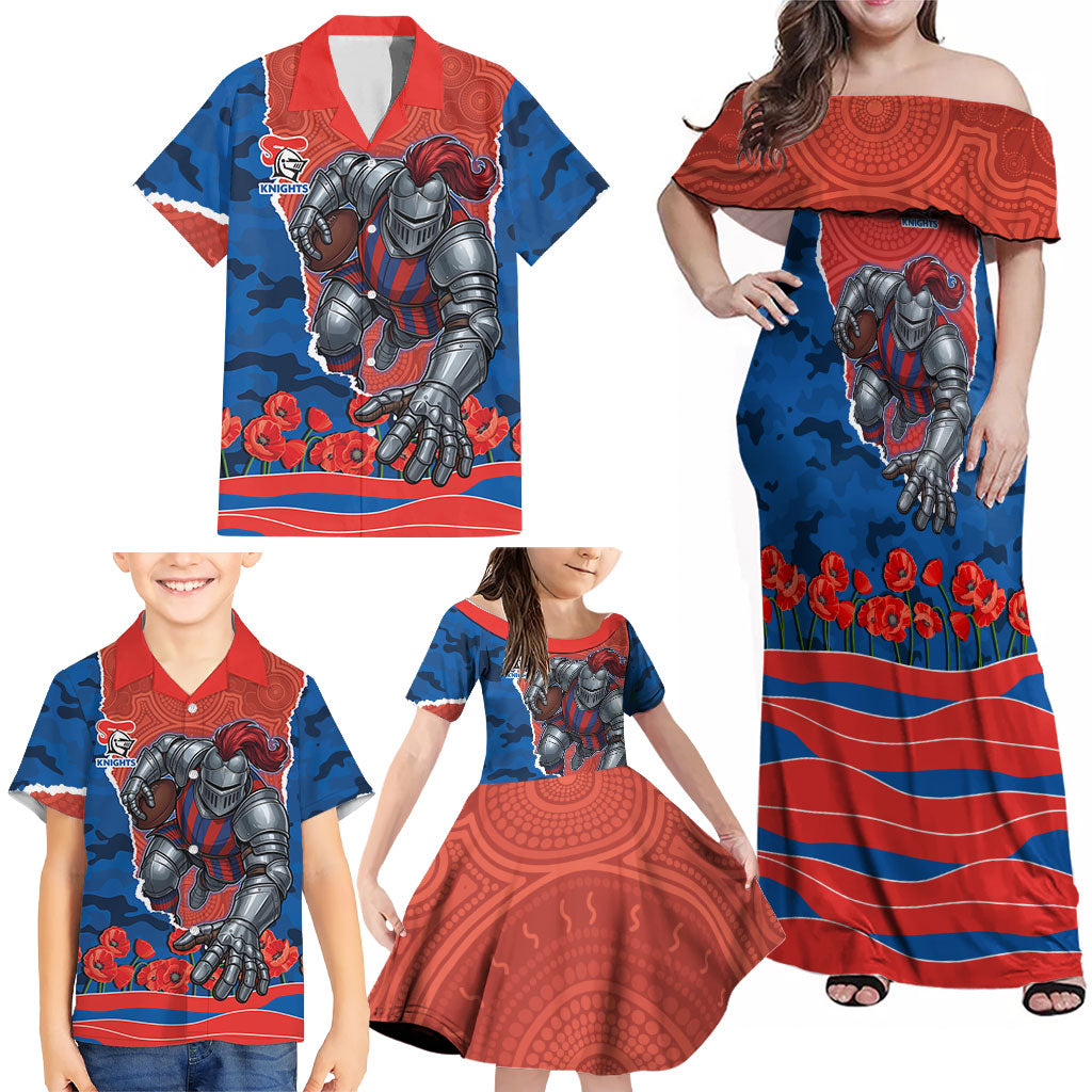 Personalized Newcastle Knights ANZAC Tribute Family Matching Off Shoulder Maxi Dress and Hawaiian Shirt Poppy Field Soldier Silhouette Aboriginal Rugby Mascot