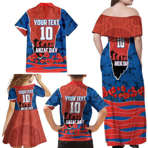 Personalized Newcastle Knights ANZAC Tribute Family Matching Off Shoulder Maxi Dress and Hawaiian Shirt Poppy Field Soldier Silhouette Aboriginal Rugby Mascot
