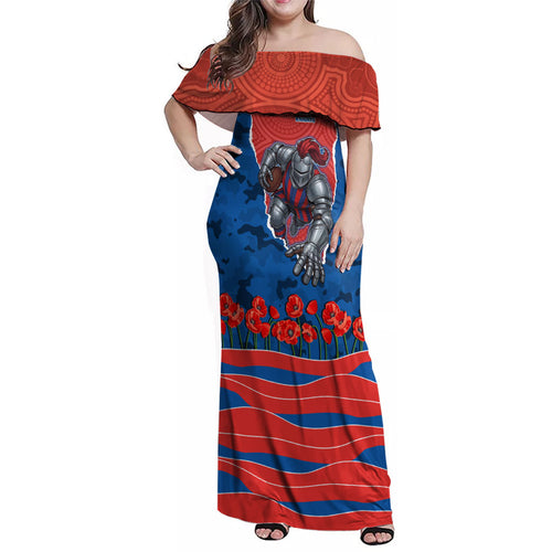 Personalized Newcastle Knights ANZAC Tribute Family Matching Off Shoulder Maxi Dress and Hawaiian Shirt Poppy Field Soldier Silhouette Aboriginal Rugby Mascot