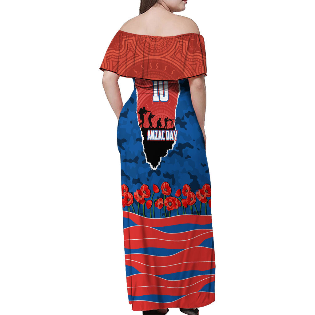 Personalized Newcastle Knights ANZAC Tribute Family Matching Off Shoulder Maxi Dress and Hawaiian Shirt Poppy Field Soldier Silhouette Aboriginal Rugby Mascot