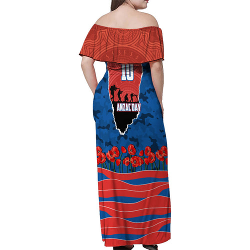 Personalized Newcastle Knights ANZAC Tribute Family Matching Off Shoulder Maxi Dress and Hawaiian Shirt Poppy Field Soldier Silhouette Aboriginal Rugby Mascot