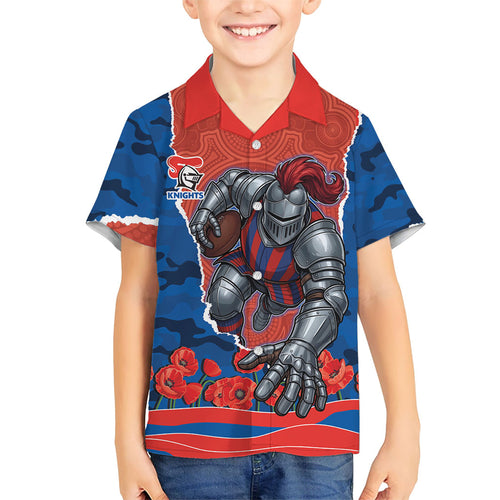 Personalized Newcastle Knights ANZAC Tribute Family Matching Off Shoulder Maxi Dress and Hawaiian Shirt Poppy Field Soldier Silhouette Aboriginal Rugby Mascot