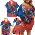 Personalized Newcastle Knights ANZAC Tribute Family Matching Off Shoulder Short Dress and Hawaiian Shirt Poppy Field Soldier Silhouette Aboriginal Rugby Mascot