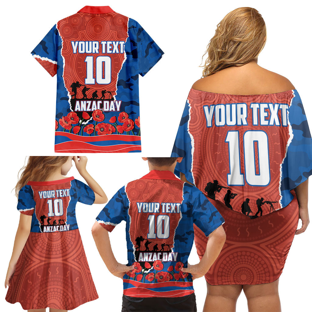 Personalized Newcastle Knights ANZAC Tribute Family Matching Off Shoulder Short Dress and Hawaiian Shirt Poppy Field Soldier Silhouette Aboriginal Rugby Mascot