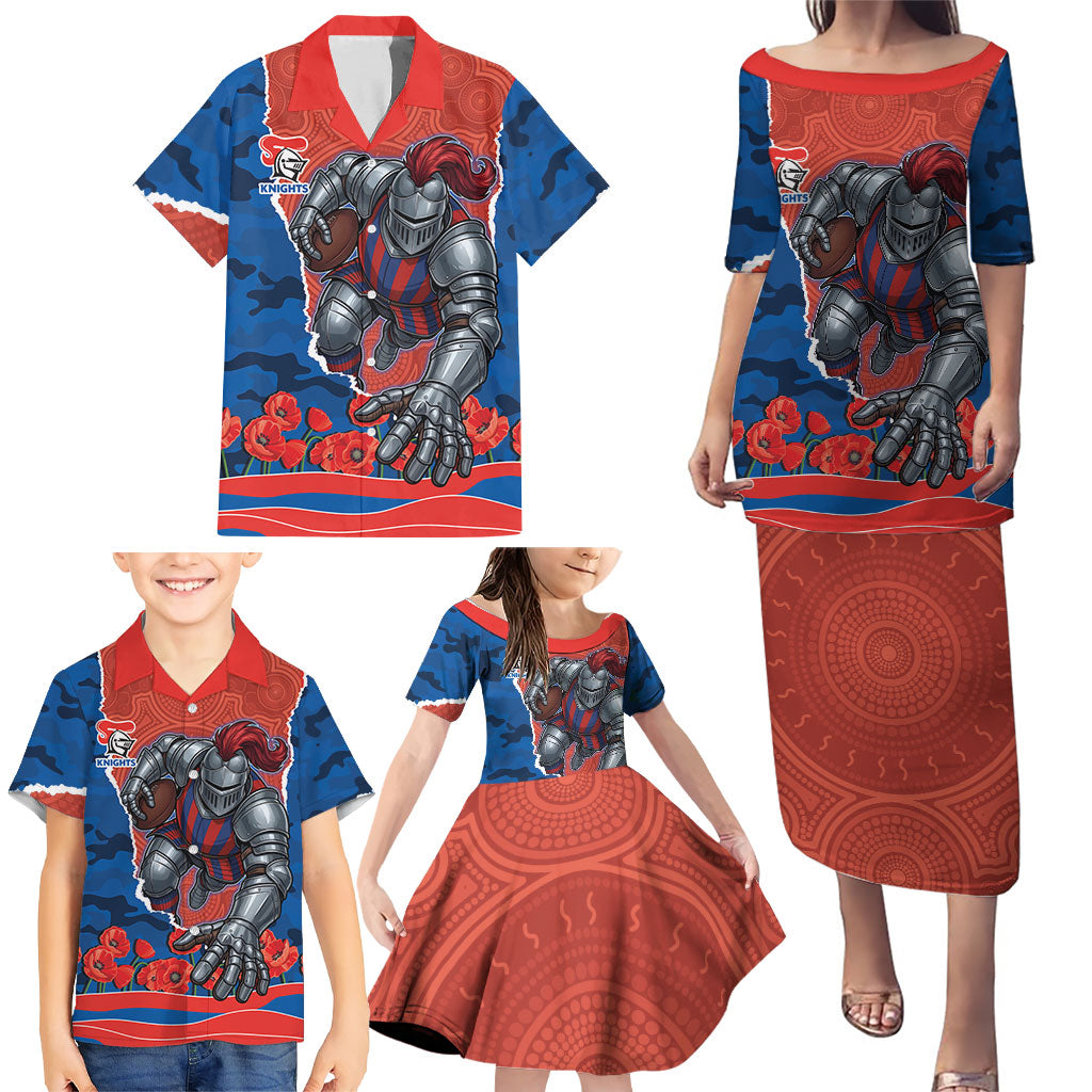 Personalized Newcastle Knights ANZAC Tribute Family Matching Puletasi and Hawaiian Shirt Poppy Field Soldier Silhouette Aboriginal Rugby Mascot