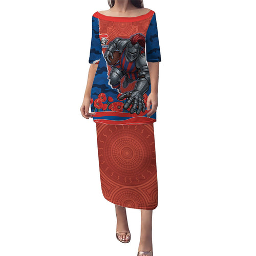 Personalized Newcastle Knights ANZAC Tribute Family Matching Puletasi and Hawaiian Shirt Poppy Field Soldier Silhouette Aboriginal Rugby Mascot