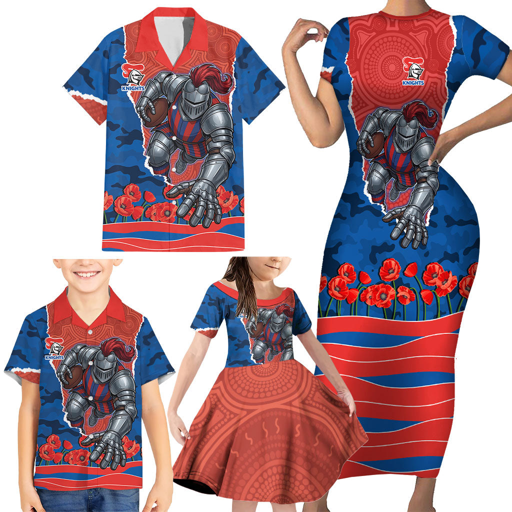 Personalized Newcastle Knights ANZAC Tribute Family Matching Short Sleeve Bodycon Dress and Hawaiian Shirt Poppy Field Soldier Silhouette Aboriginal Rugby Mascot