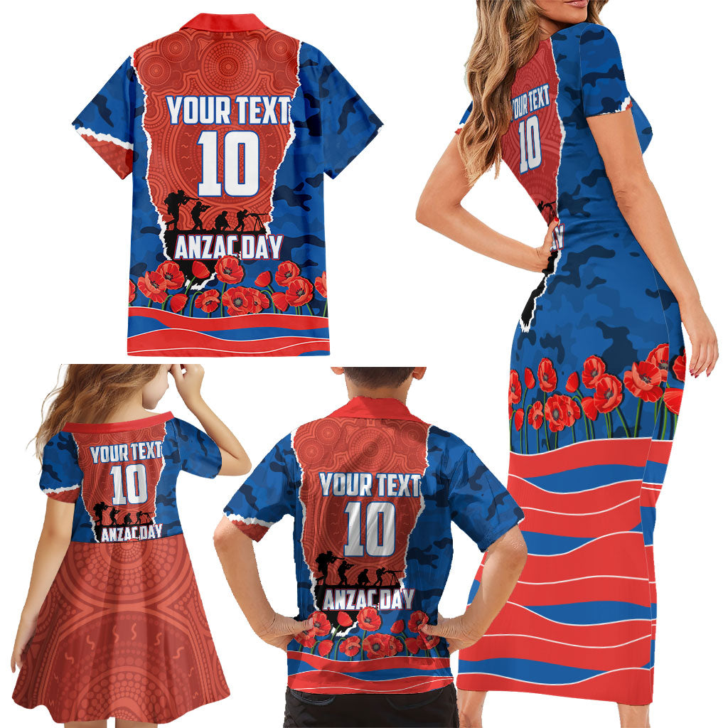 Personalized Newcastle Knights ANZAC Tribute Family Matching Short Sleeve Bodycon Dress and Hawaiian Shirt Poppy Field Soldier Silhouette Aboriginal Rugby Mascot
