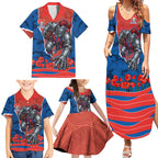 Personalized Newcastle Knights ANZAC Tribute Family Matching Summer Maxi Dress and Hawaiian Shirt Poppy Field Soldier Silhouette Aboriginal Rugby Mascot