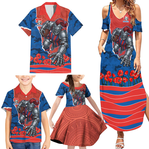 Personalized Newcastle Knights ANZAC Tribute Family Matching Summer Maxi Dress and Hawaiian Shirt Poppy Field Soldier Silhouette Aboriginal Rugby Mascot
