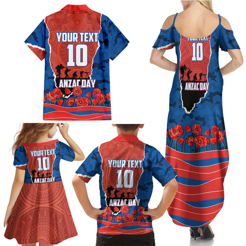 Personalized Newcastle Knights ANZAC Tribute Family Matching Summer Maxi Dress and Hawaiian Shirt Poppy Field Soldier Silhouette Aboriginal Rugby Mascot