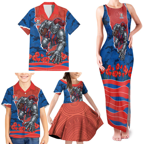 Personalized Newcastle Knights ANZAC Tribute Family Matching Tank Maxi Dress and Hawaiian Shirt Poppy Field Soldier Silhouette Aboriginal Rugby Mascot